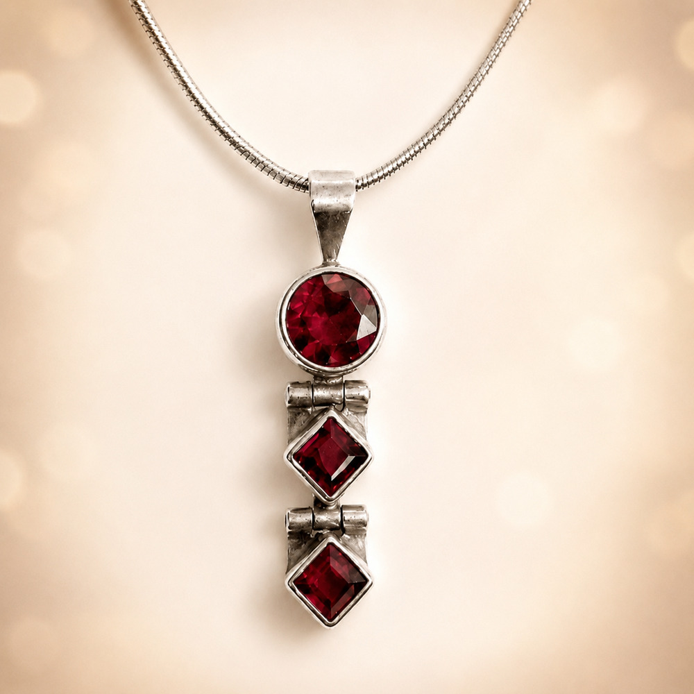 Sterling Silver 3 Garnet Articulated Pendant Necklace Modernist Dark Romance